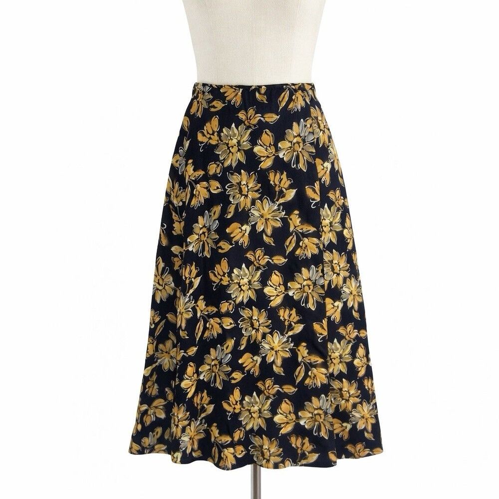 VTG Morgan Taylor Silk Wrap Midi Skirt‎ Black Gold Floral 90s Whimsigoth Goth